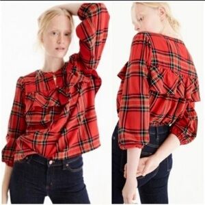 J. Crew Vibrant Flame Red Festive Plaid Ruffle Top